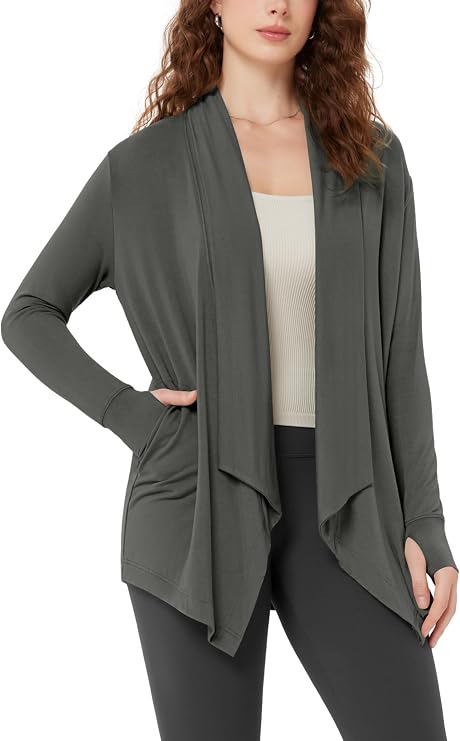 ODODOS Women's Drape Open Front Cardigans Cozy Soft Long Sleeve Casual Wrap Outerwear with Pockets Thumb Hole