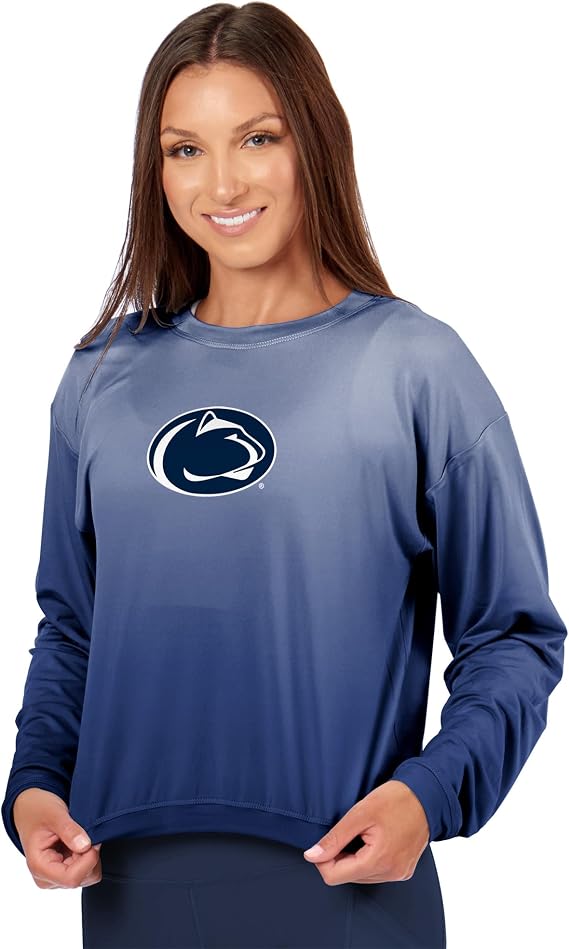 CERTO NCAA Women's Long Sleeve High-Low Top, Ombre Wash Crewneck T-Shirt, Officially Licensed Fan Apparel