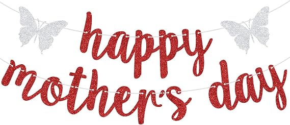 Red Glitter Happy Mother's Day Banner, Feliz Dia Mama/Feliz Dia De Las Madres, Mother's Day Party Decorations Supplies