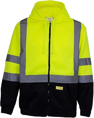 Mens ANSI Class 3 High Visibility Class 3 Sweatshirt, Full Zip Hooded, Lightweight, Black Bottom