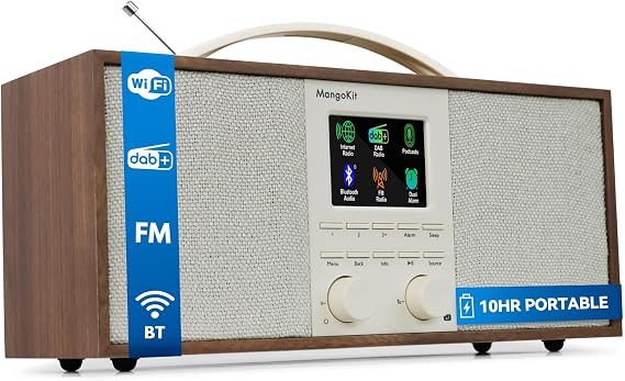 SR40 Internet Radio,Podcast, DAB+/FM, Bluetooth, 10hr Play,Walnut | WIFI radio, True 2.0 stereo speakers, 150 presets, AUX-in, wooden cabinet, Alarm & Sleep Timer, USB-C rechargeable& handle