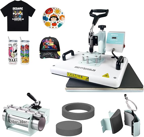 BetterSub Heat Press,5 in 1 Heat Press Machine,T-Shirt Heat Transfer Industrial-Quality Sublimation Machine,360 Degree Swivel 12x15 Print Press Machine for Mug Hat Plate Cap (30oz 5 in 1 12"x15" Teal)