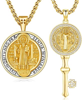 St Benedict Medals Necklace & Key Patron Saint Medalla De San Benito 925 Sterling Silver San Benito Medalla Crucifix Key Pendant Religious Amulet Jewelry Gifts for Men Women,Gold
