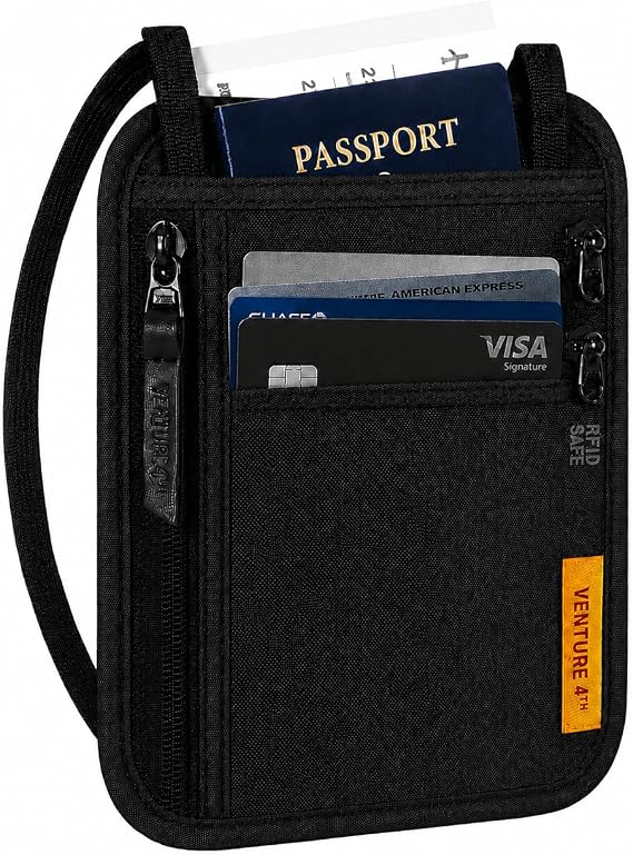 VENTURE 4TH Slim Neck Wallet, RFID Blocking Passport Holder - Black