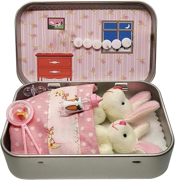 Easter Bunny Toys Hug in a Box for Kids Pocket Bunnies in Tin Box, Minis Rabbits in Box,Handmade Plush Pocket Hug Rabbit Doll, Easter Gifts for Kid (pink)