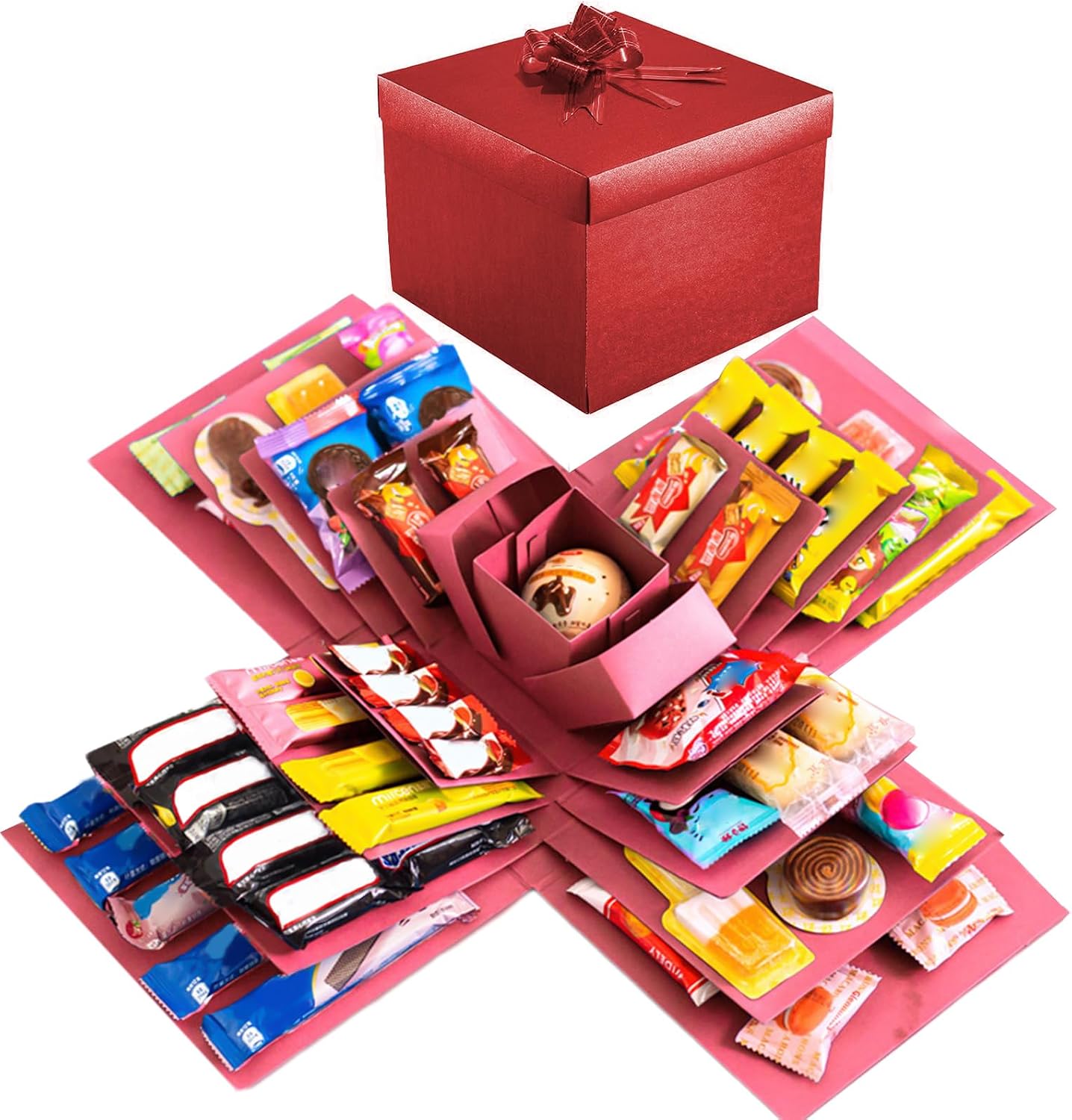 Pasdrucn DIY Explosion Gift Box, 5 Layer Snack Explosion Box with tape and ribbon, Scrapbooking Boxes, photo album, photo gifts, Creative Explosion Boxes for Anniversary,Birthday,Valentine's DayRed