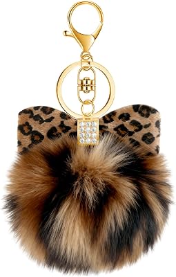 PLwelth Pom Pom Keychain for Women Girls Leopard Print Bag Charms for Handbags Plush Pluffy Ball Bow Keyring for Car Keys Backpack Tote Bag Cheetah Charm Accessories Halloween Birthday Christmas Gifts