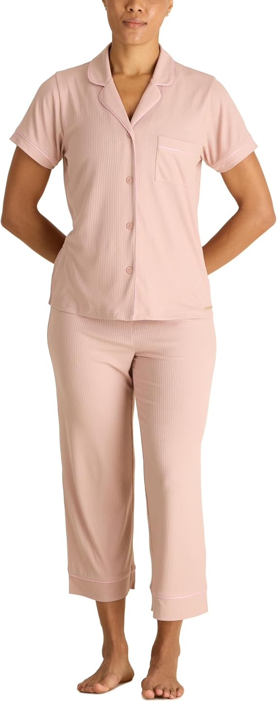 BCBGMAXAZRIA Women's Ribbed Pajama Set Short Sleeve Notch Collar With Pants