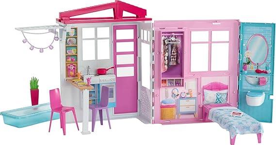 Barbie Dollhouse, Portable 1-Story Playset with Pool and Accessories, for 3 to 7 Year Olds