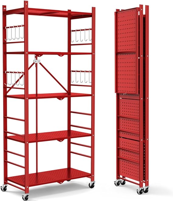 Himix 5-Tier Foldable Storage Shelf 20 Hooks Wheels Garage Red No Assembly
