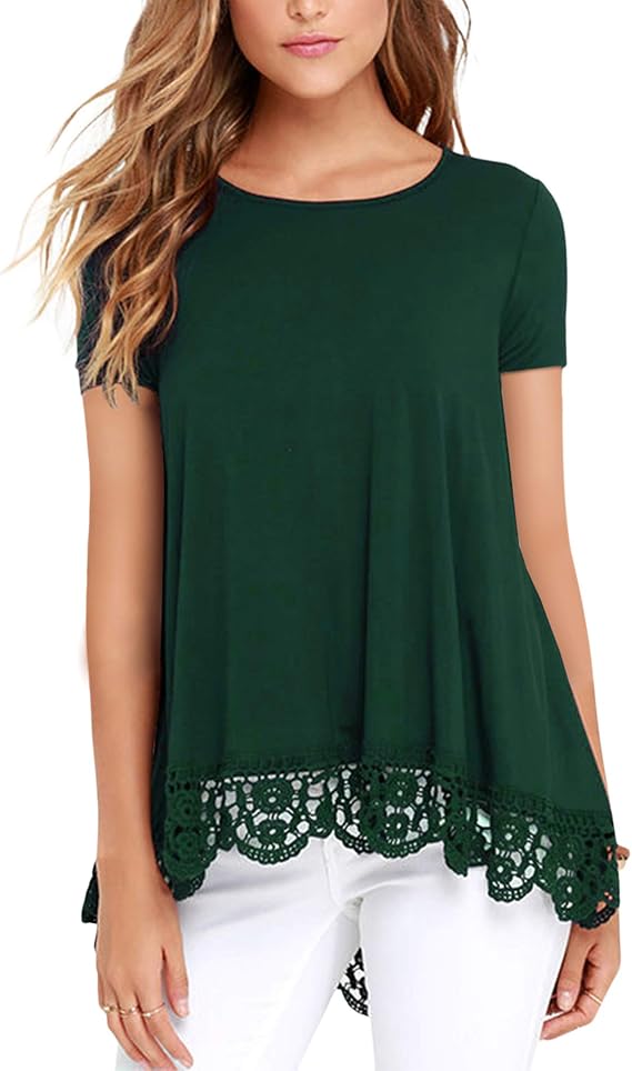 RAGEMALL Women's Tops Short Sleeve Lace Trim O-Neck A-Line Tunic Blouse Tops for Women