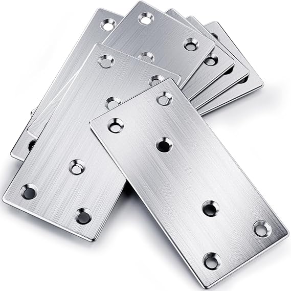 6PCS Flat Brackets for Wood, 100x50x2mm | Stainless steel, silver. Mending plates and repair connectors for timber fixing