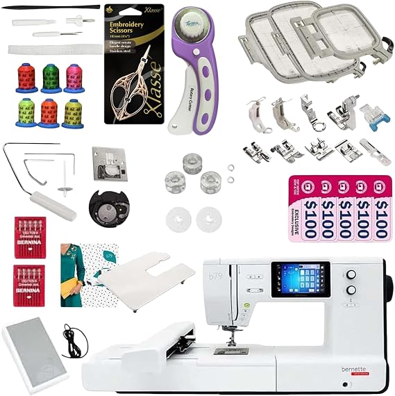 Bernette B79 Sewing & Embroidery Machine Bundle | Includes 3 Hoops, 11 Presser Feet, Extension Table, Cutter, Scissors, Thread Set, Bobbins