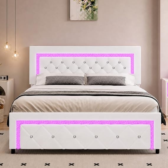 BarnFurin Queen Bed Frame with LED Lights, Diamond Tufted Headboard, White | App-controlled RGB lights set the mood. PU upholstery and diamond tufting add comfort, and wood slats need no box spring