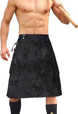 Kilt for Men Camo Tactical Utility Kilt Waterproof Pleated Irish Scottish Kilts Skirt with 2 Pockets