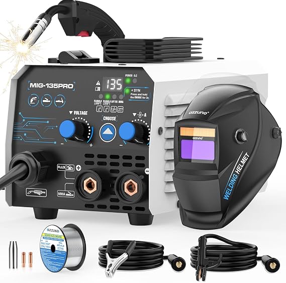 AZZUNO 135A 3-in-1 MIG Welder Machine 110V, Gasless Welder/Lift TIG/Stick Welding Machine with Auto Darkening Welding Helmet, Portable Wire Feed Welder with Welding Hood