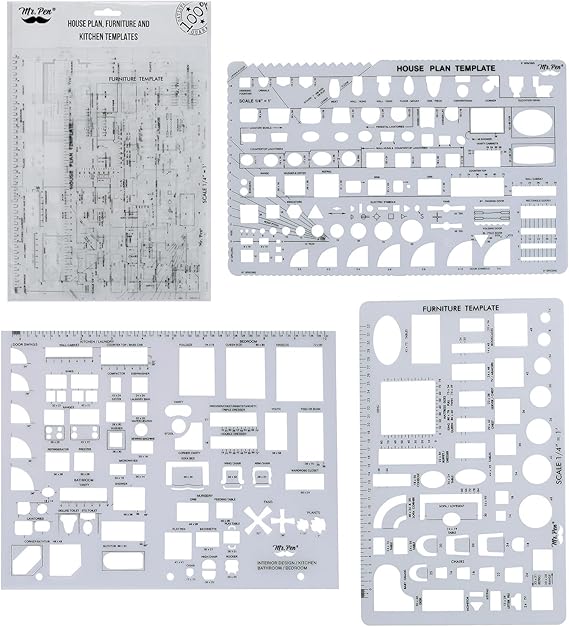 Mr. Pen- House Plan, 3 pcs, Interior Design and Furniture Templates | Clear Flexible Plastic, Drafting Tools, Ruler Shapes for Architecture, 1/4 Inch Scale, Kitchen, Bath, Bedroom, Office