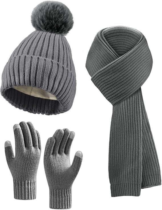 Winter Beanie Hat Scarf Gloves Set for Women, Fleece Knit Pompom Beanie Neck Warmer Long Scarf Touchscreen Gloves 3 in 1 Set