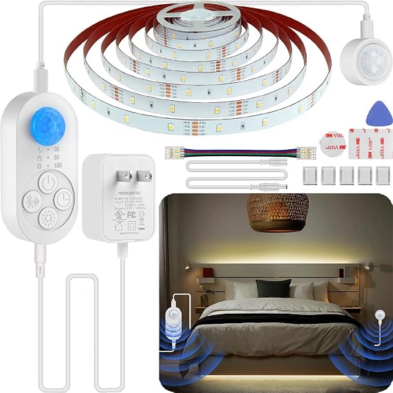 Dual Sensor Stair Light Strip, Double Motion Activated Sensor LED Strip Lighting for Stairway (Warm White 3000K (16.4FT Light Strip), Power Adapter (4.92FT Cable) + 6.56FT DC Cable)