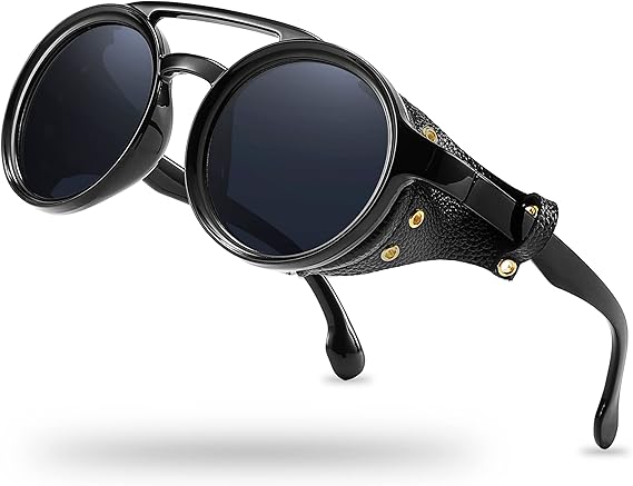 Technigadgets Finnegan Steampunk Retro Sunglasses Men Women with Leather Side Shield Double Bridge Plastic Frame Mens Gift
