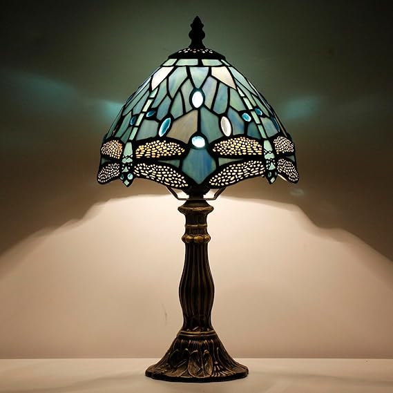 Small Tiffany Lamp Stained Glass Desk Lamp Vintage Tiffany Bedside Table Lamp for Home Living Room Bedroom Nightstand 8X15 Inch (Yellow Fish Scale Style) (Sea Blue Dragonfly)