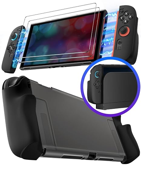 ivoler 4-Pack Tempered Glass Screen Protector Designed for Nintendo Switch 2 2025 Dockable Grip Case for Nintendo Switch 2,5-in-1 Kit