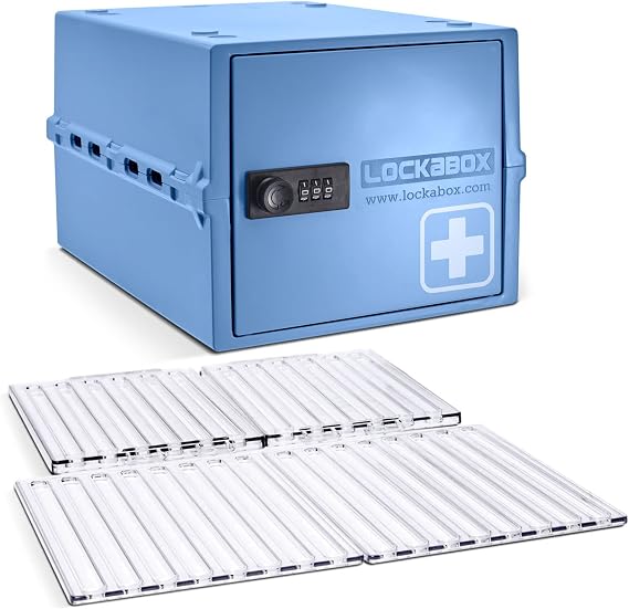 Lockabox OneTM Medi Blue & Shelf Pack Bundle | Lockable Box for Food, Medicines, Tech and Home Safety with Removable Shelves and Base Inserts