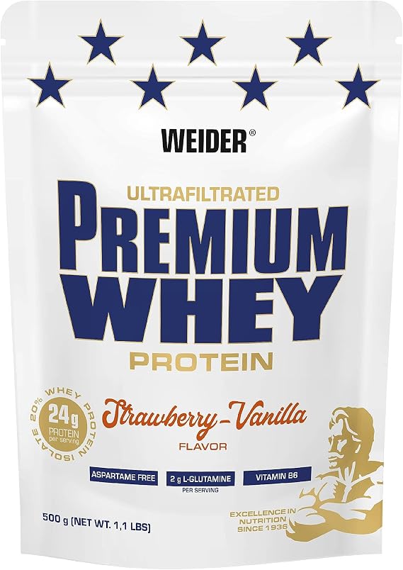 Weider Premium Whey (500g) Strawberry-Vanilla Flavour. Ultrafiltrated Proteins from Whey Protein Concentrate and 20% Isolate, 24g Protein + 2g L-Glutamine/Serving, with Vitamin B6, Aspartme Free