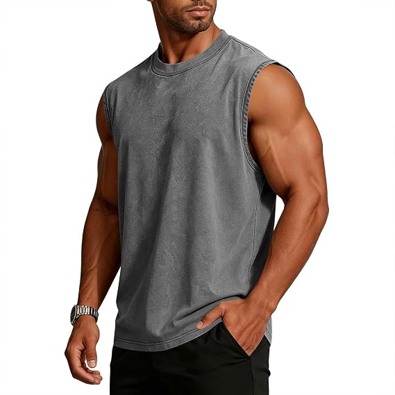 Mens Tank Tops Summer Sleeveless T Shirt Cotton Crew Neck Relaxed Fit Muscle Tank Top Moisture Wicking Plain Washed Athletic Tshirt for Workout Beach