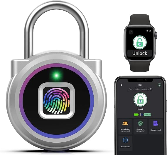 Gym Locker Padlock Fingerprint Padlock eLinkSmart Waterproof Keyless Smart Lock iOS Watch App Unlock View Record Combination Padlock for School Gym Locker Gun Case Field Box Colorful Acrylic