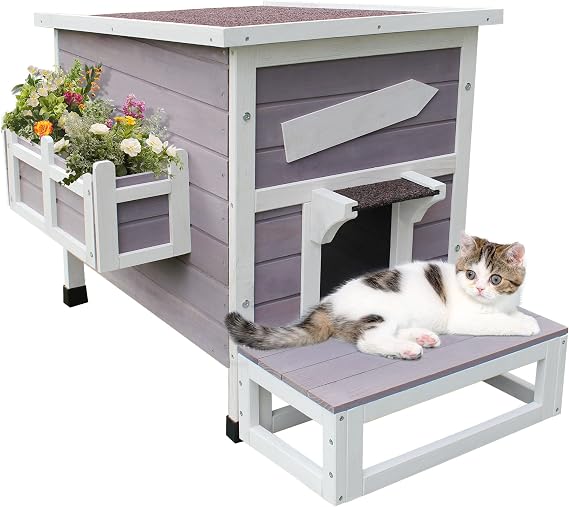 HiCaptain Outdoor Cat House, Weatherproof Feral Cat House with Escape Door, Outside Wooden Single Story Pet House for Cats, Puppies and Small Pet - Grey