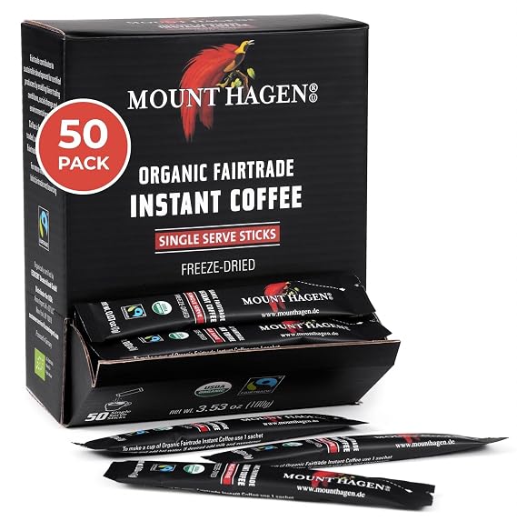 Mount Hagen Organic Instant Coffee Packets, 50 Single Serve, Medium Roast