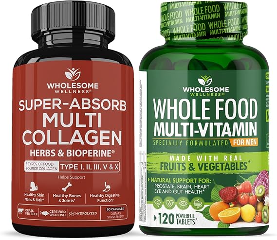 Wholesome Wellness Super-Absorb Multi Collagen Pills (Type I II III V X) Organic Herbs and Bioperine + Whole Food Multivitamin for Men - Natural Multi Vitamins, Minerals, Organic Extracts Bundle