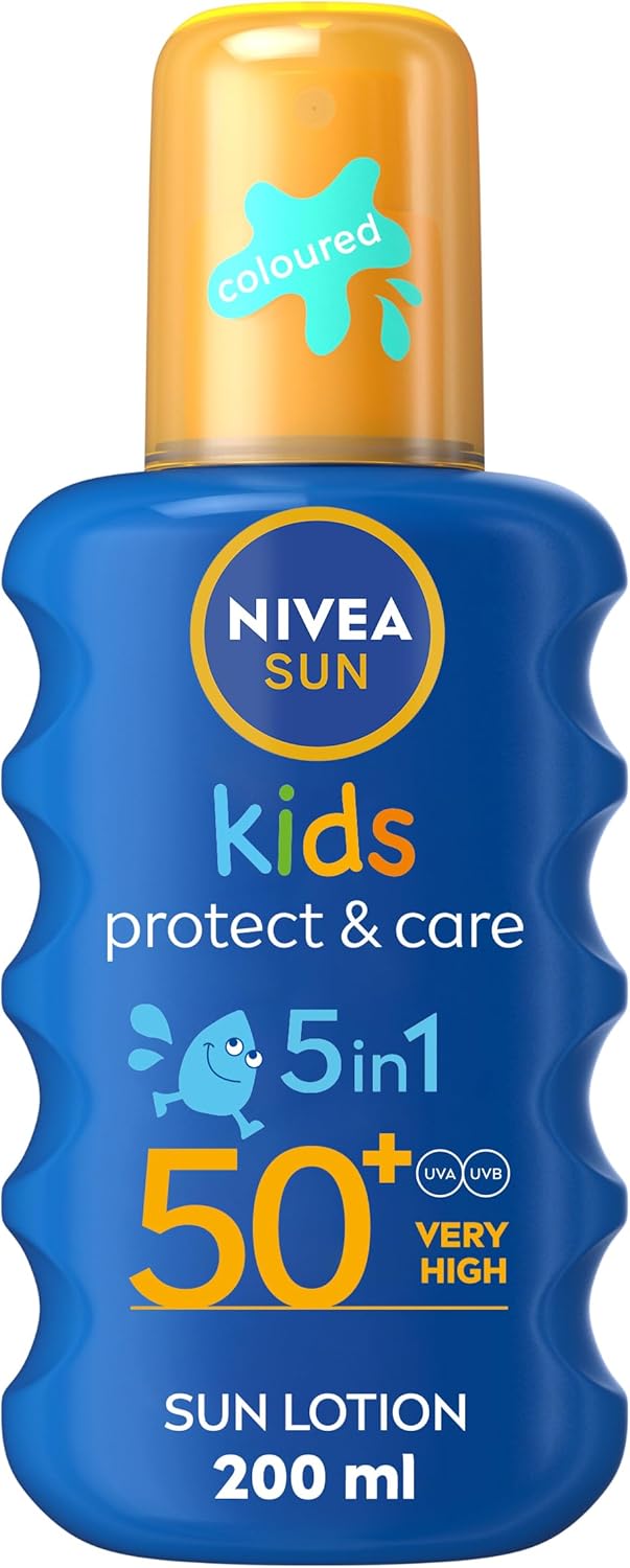 NIVEA Sun Kids Protect & Care SPF 50+ Coloured Spray (200ml), Sunscreen Protects Delicate Skin Against Sunburn and Long-Term UV Damage, Moisturising Spray