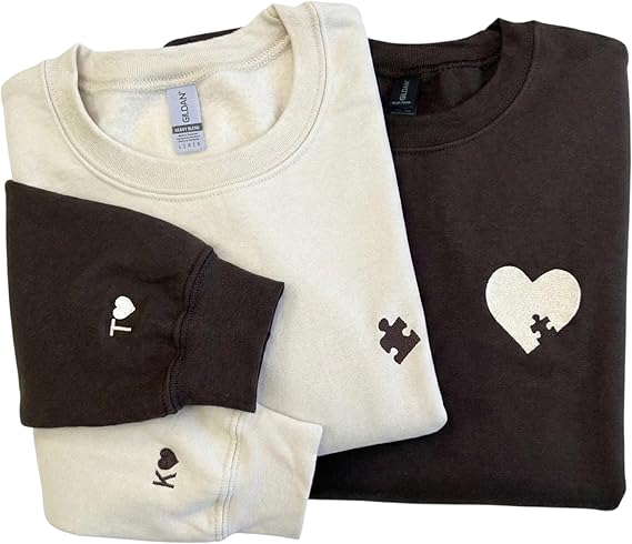Custom Embroidered Puzzle Piece and Heart Sweatshirt, Personalized Matching Couple Hoodies for Valentines Day, Initial on Sleeve with Heart, Unique Gift for Him & Her