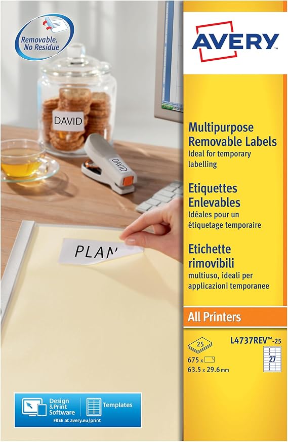 Avery Removable, Printable, Multi Purpose Labels, Multi surface, 63.5 x 29.6 mm, White, 27 Labels per sheet, 675 Blank labels per pack (L4737REV-25)