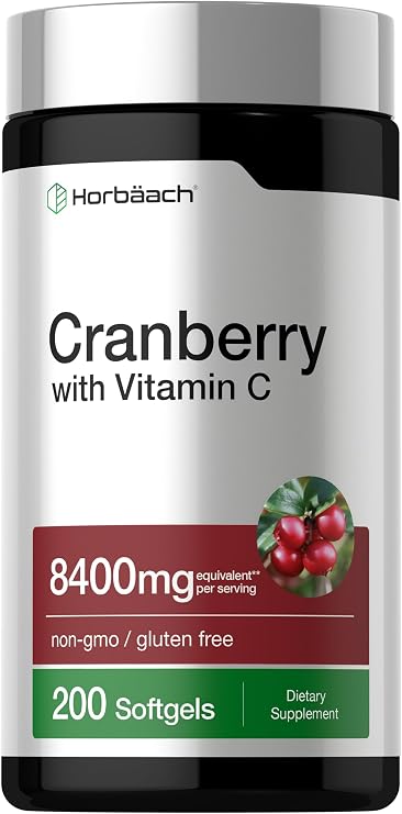 Horbaach Cranberry Pills for Women and Men | 200 Softgels | Extract Supplement with Vitamin C | Non-GMO, Gluten Free