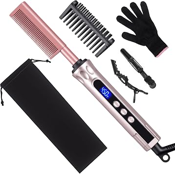 Hot Comb for Lace Front Wigs, Ceramic Electric Straightening Combs with 14 Temperature Settings & Auto Shut Off, Dual Voltage Travel Pressing Comb Set for Black Women Hair