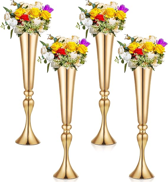 Amylove 4 Pieces 22 Inch Tall Gold Trumpet Vases for Centerpieces, Wedding Gold Flower Stand, Floral Stand Display Rack for Tables, Wedding Dinner Party, Anniversary Ceremony Birthday Event Decor