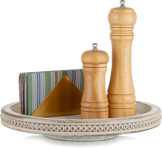 Hanobe Lazy Susan Centerpiece Tray, Round Wooden Turntable Organizer, White | Home Decor with Beaded, for Dining Table Top Kitchen Counter Coffee Table
