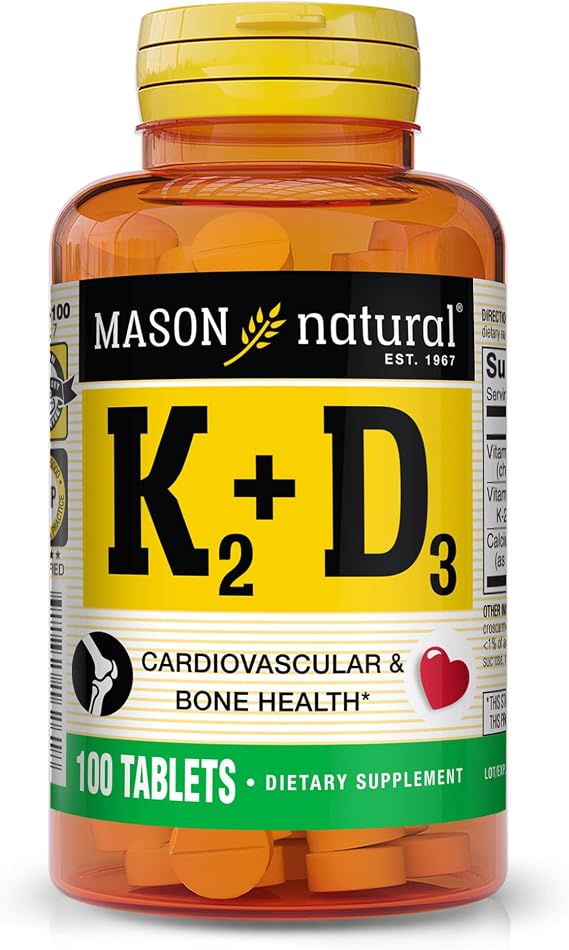 MASON NATURAL Vitamins K2 & D3 with Calcium, 100 Day Supply | 100mcg K2 with 25mcg (1000 IU) D3 & calcium to support normal bone & muscle function and calcium absorption; 100 tablets