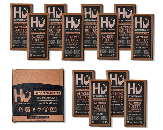 Hu Chocolate Bars | 12 Pack Almond Butter Puffed Quinoa Chocolate | Natural Organic Vegan, Gluten Free, Paleo, Non GMO, Fair Trade Dark Chocolate | 2.1oz Each