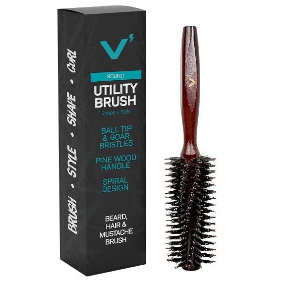 VOLT Grooming Round Hair Brush for Men with Natural Pine Wood Handle, Boar Bristles & Nylon Soft Ball Tip Bristles, All Hair Types, Detangling, Styling & Shaping Tool, For Short, Medium & Long Beards