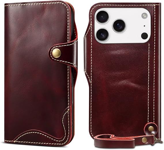 For iPhone 12 Pro Max用オイルワックスレザーケース カードホルダー ウォレット ハンドストラップカバー（For iPhone 12 Pro Max用/バーガンディ）