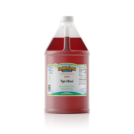 Hawaiian Shaved Ice Syrup Gallon, Tiger's Blood Flavor, Great For Slushies, Italian Soda, Popsicles, More, No Refrigeration Needed, Contains No Nuts, Soy, Wheat, Dairy, Starch, Flour, or Egg Products