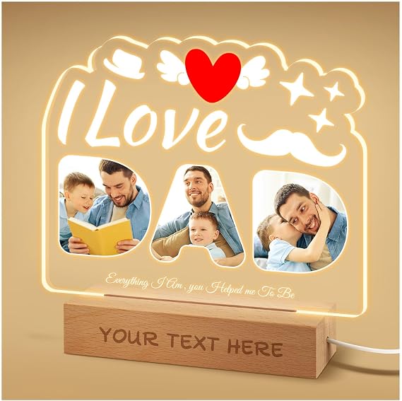 Personalized Night Light, Custom Acrylic Lamp with Photos, Customized Text Plaque Desktop Decor, 7 Color-Changing Walnut Frame LED Illusion Light Sign, Unique Anniversary Birthday Gifts (A2)