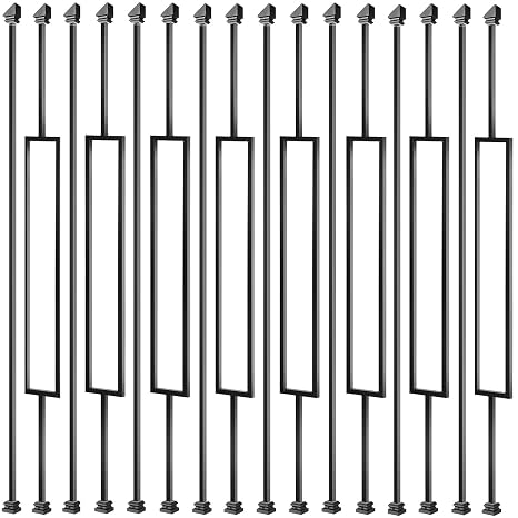 Deck Balusters, 16 Pack Wrought Iron Balusters, 1/2" Deck Railing Stair Metal Deck Spindles, Staircase Baluster W/ 32 Pack Iron Baluster Shoes (8 Straight +8 Single Rectangle)