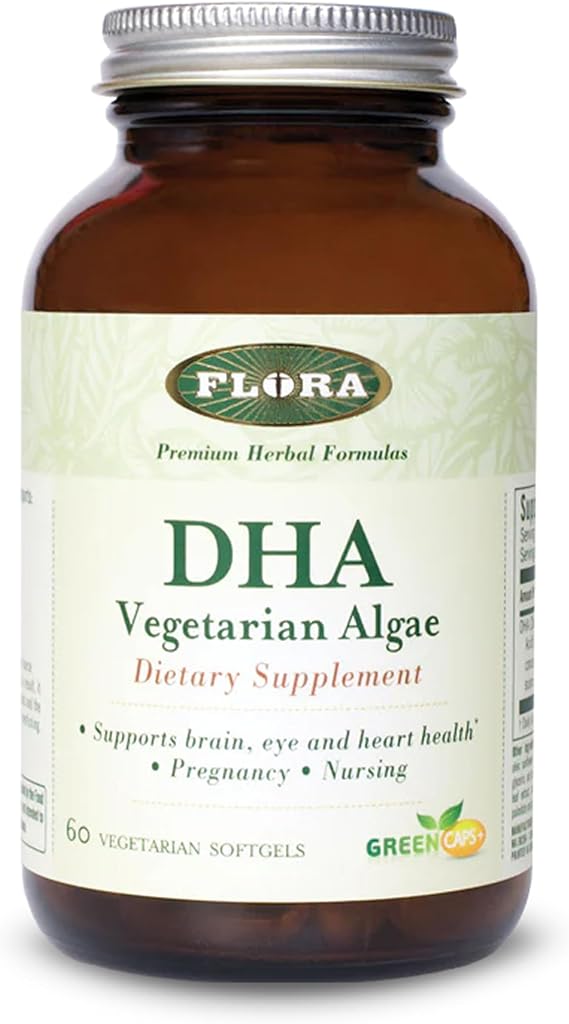 Flora - DHA Vegetarian Algae GreenCaps Plus - Brain & Heart Health - Aids Overall Health During Pregnancy - For Brain & Nervous System - Provides Omega-3 - Vegan & Sustainable - 60 Vegetarian Softgels
