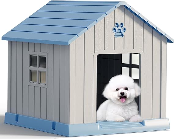 Fancyango Dog House Outdoor Indoor - Waterproof, Ventilated, Easy to Clean, Elevated Floor for Small-Medium Dogs, Easy to Assemble (Blue, 31" L x 33.3" W x 33.5" H)