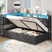 DICTAC Hydraulic Single Ottoman Bed Side Lift with Storage, LED Lights & USB Charging Ports | Upholstered Lift Up Bed Frame with Solid Wood Slats &Open Shelves,Space-Saving Grey Single Bed 90x190
